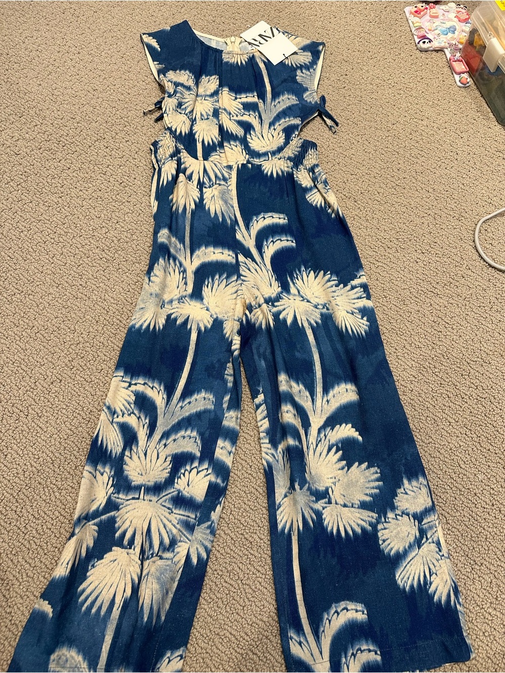 Zara Navy and Cream Palm-Print Jumpsuit